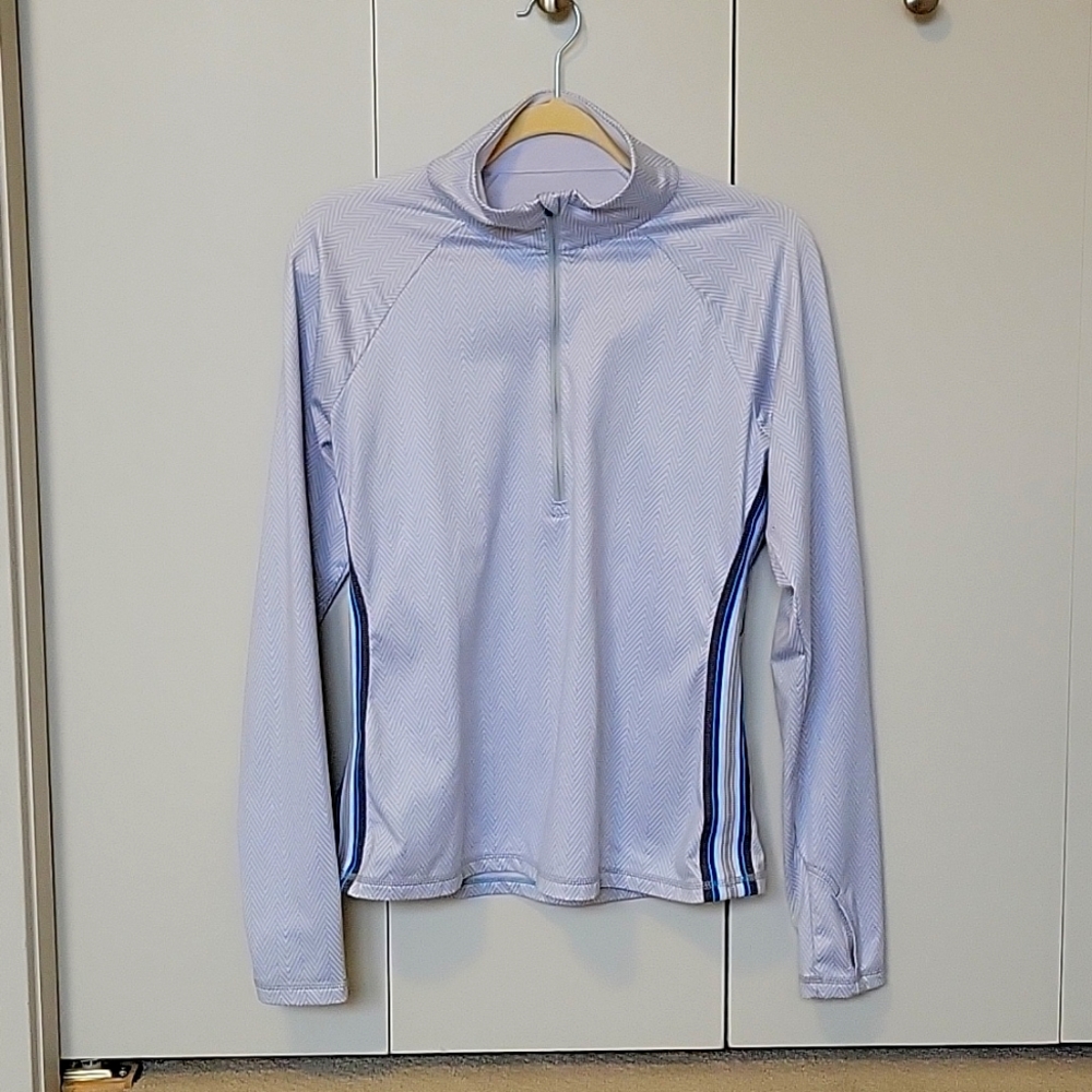 Athleta Half Zip Athletic Womens Pullover Top White/Grey Herringbone Size L